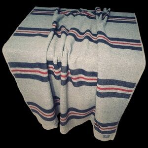 Faribault Woolen Mill 100% Wool Blanket 74x102 Gray | Navy & Red Stripes | RARE